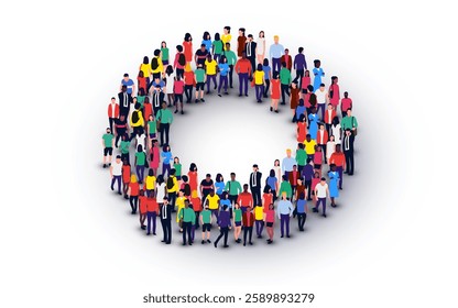 Large group of people in the shape of a circle on white background. People crowd concept. Vector illustration