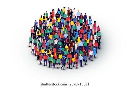 Large group of people in the shape of a circle on white background. People crowd concept. Vector illustration