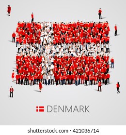 Large Group Of People In The Shape Of Danish Flag. Kingdom Of Denmark. Vector Illustration