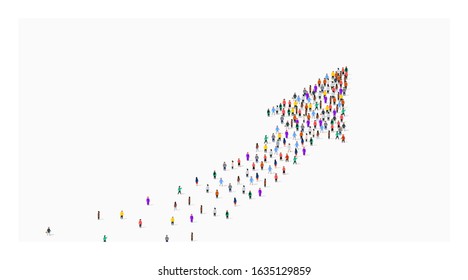 Large group of people in the shape of growing arrow. Vector illustration