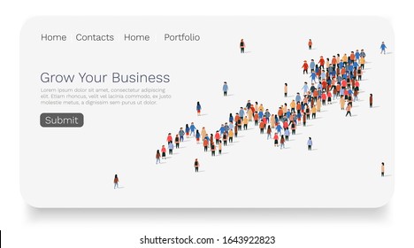 Large group of people in the shape of growing arrow. Web site landing page template. Vector illustration