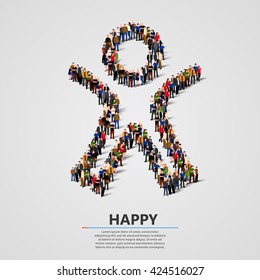 Large group of people in the shape of happy man. Vector illustration.