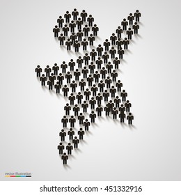 Large group of people in the shape of happy man. A crowd of people in the form of human figures. Vector illustration