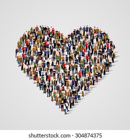 Large group of people in the shape of heart sign. Vector illustration