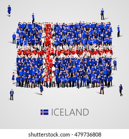 Large Group Of People In The Shape Of Iceland Flag. Republic Of Iceland. Vector Illustration