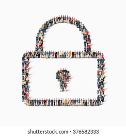 Large group of people in the shape of lock. Vector illustration.