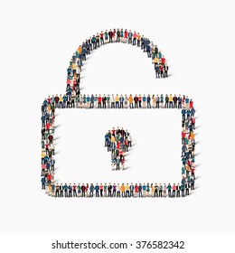 Large group of people in the shape of lock. Vector illustration.