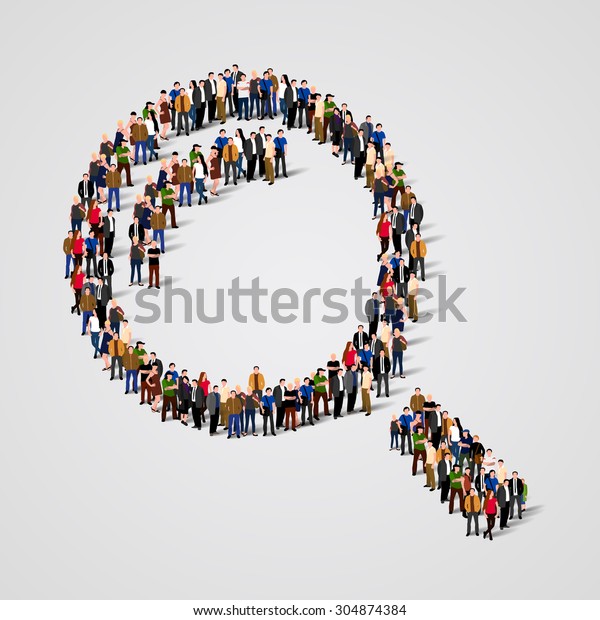 Large group of people in the shape of a\
magnifying glass. Vector\
illustration