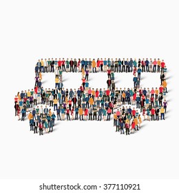 A large group of people in the shape of a school bus. Vector illustration .