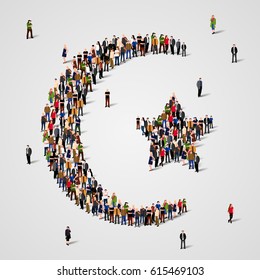 Large group of people in the shape of Star and crescent. Islam sign. Muslim background.  Religious symbol. Vector illustration
