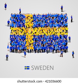 Large group of people in the shape of Swedish flag. Kingdom of Sweden. Vector illustration