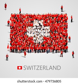 Large group of people in the shape of Swiss flag. Swiss Confederation. Switzerland concept. Vector illustration