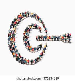 A large group of people in the shape of the target goal. Vector illustration.