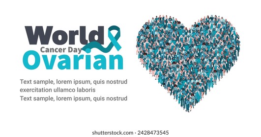 Large group of people in the shape of a teal color heart. World Ovarian Cancer Day. Ovarian Cancer month, cervical cancer day. Medicine and Healthcare concept. Flat vector illustration 