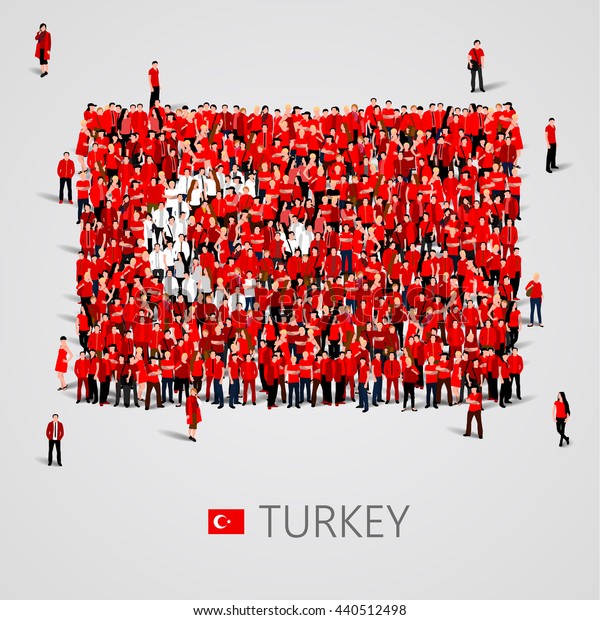 Large group of people in the shape of\
Turkish flag. Republic of Turkey. Vector\
illustration