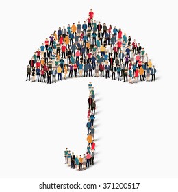 A large group of people in the shape of umbrella. White background.