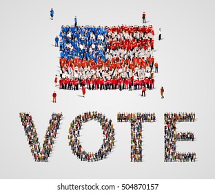 Large group of people in the shape of  United States of America flag and vote word. USA. Vote, presidential elections concept. Vector illustration