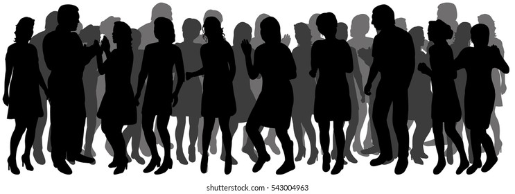 a large group of people, silhouettes of a crowd of dancing men and women vector