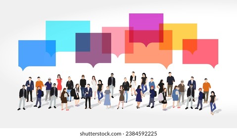 Gran grupo de personas con burbujas de charla cuadrada. Redes sociales y comunicación. Gente realista. Ilustración vectorial plana aislada en fondo blanco.