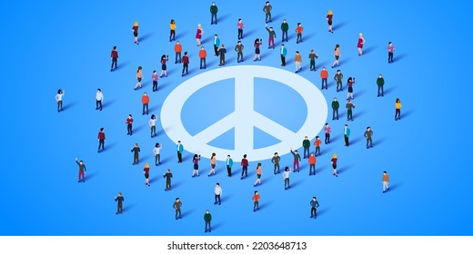 Large group of people stand around the peace symbol. Vector illustration