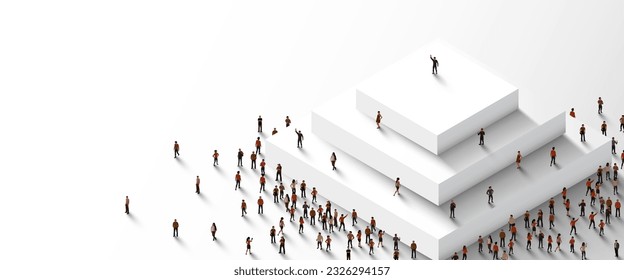 Large group of people stand around a step pyramid. Vector illustration