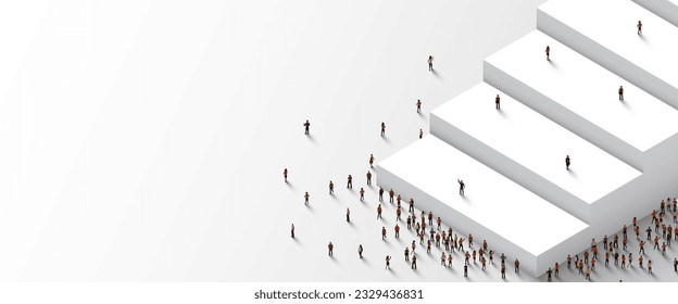 Large group of people stand around stairs. Vector illustration