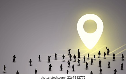 Large group of people stand in front of a glowing map marker. Concept of traveling and navigation. Vector illustration