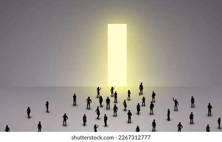 Large group of people stand in front of a glowing door. Concept of opportunities and a new path. Vector illustration