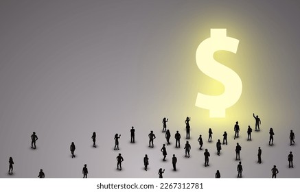 Un gran grupo de personas se paran frente a una brillante señal de dólar. Concepto de negocio y crecimiento exitoso. Ilustración del vector