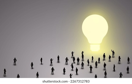 Large group of people stand in front of a glowing bulb sign. Concept of idea and creativity growth. Vector illustration