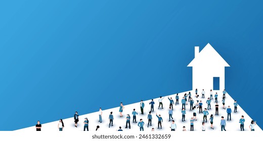 Large group of people stand in front of house. Concept of home. Vector illustration