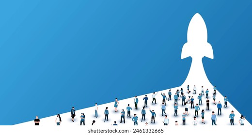 Grande grupo de personas de pie frente a la silueta del cohete. Concepto de inicio. Ilustración vectorial