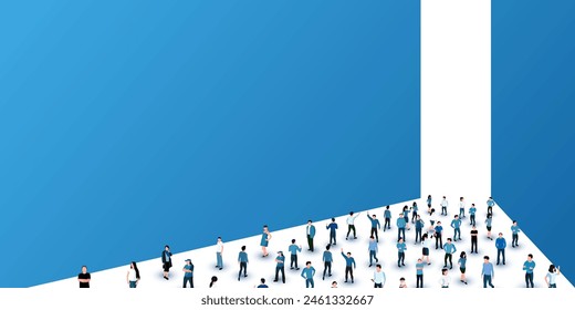 Large group of people stand in front of door. Concept of opportunities and a new path. Vector illustration