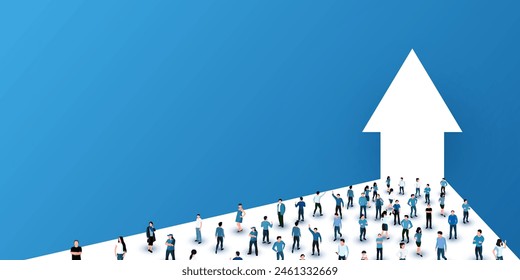 Large group of people stand in front of arrow. Concept of financial and personal growth. Vector illustration