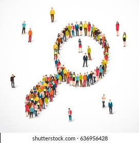 Large Group Of People Stand In A Magnifying Glass Sign. Vector Illustration On White Background. Concept Of Person Search. Request Recruiter For Job Applicants.