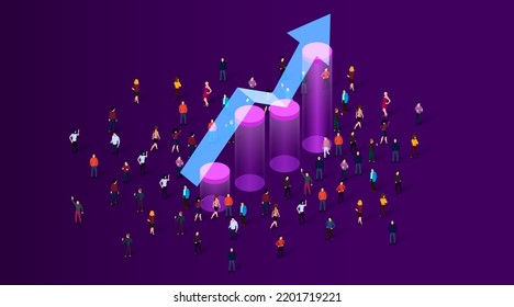 Large group of people standing around growing chart. People crowd. Statistic concept. Vector illustration