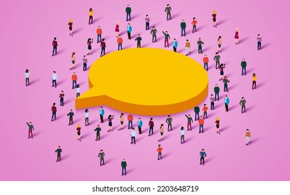 Large group of people standing around chat bubble symbol. Vector illustration
