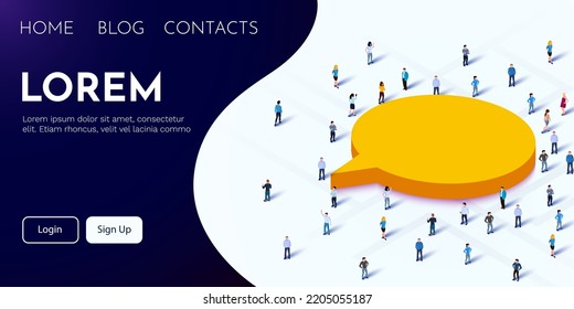 Large group of people standing around chat bubble symbol. Vector illustration