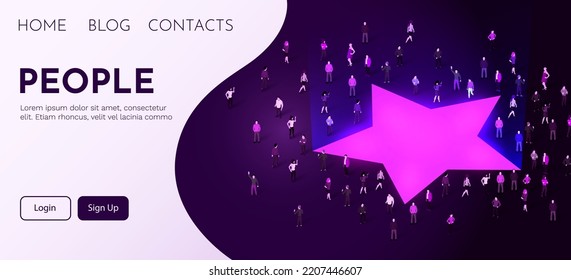 Large group of people standing around star sign. People crowd. Product ranking concept. Vector illustration