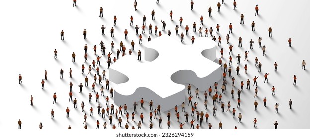 Large group of people standing around glowing jigsaw puzzle. Partnership concept. Vector illustration.