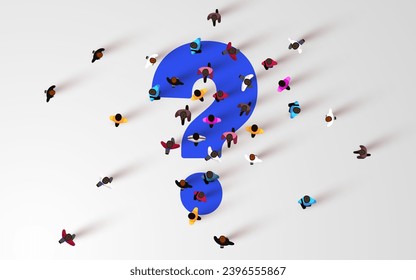 Large group of people standing around question mark sign. People crowd. Top view. Vector illustration