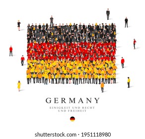 A large group of people are standing in black, red and yellow robes, symbolizing the flag of Germany. Vector illustration isolated on white background. Germany flag made from people.