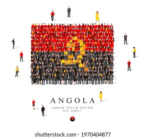 A large group of people are standing in black, yellow and red robes, symbolizing the flag of Angola. Vector illustration isolated on white background. Angola flag made from people.