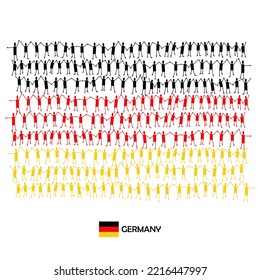 A large group of people are standing in black, red and yellow robes, symbolizing the flag of Germany. Vector illustration. Germany flag made from people.