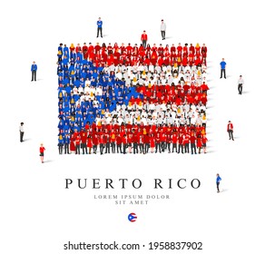 A large group of people are standing in blue, white and red robes, symbolizing the flag of Puerto Rico. Vector illustration isolated on white background. Puerto Rico flag made of people.