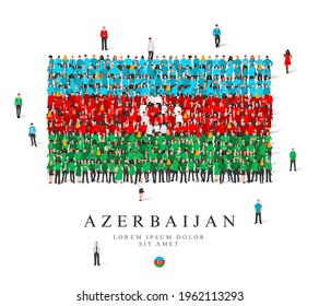 A large group of people are standing in blue, green, white and red robes, symbolizing the flag of Azerbaijan. Vector illustration isolated on white background. Azerbaijan flag made of people.