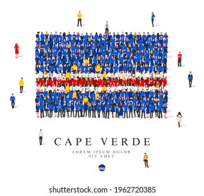 A large group of people are standing in blue, yellow, white and red robes, symbolizing the flag of Cape Verde. Vector illustration isolated on white background. Cape Verde flag made of people.
