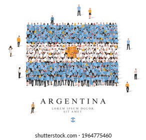 A large group of people are standing in blue, white and yellow robes, symbolizing the flag of Argentina. Vector illustration isolated on white background. Argentina flag made from people.