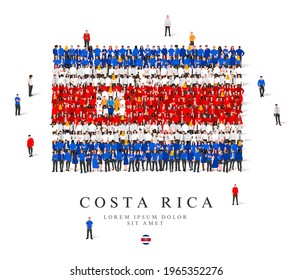 A large group of people are standing in blue, white and red robes, symbolizing the flag of Costa Rica. Vector illustration isolated on white background. Costa Rica flag made from people.