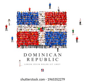 Large group of people are standing in blue, white and red robes, symbolizing the flag of the Dominican Republic. Vector illustration isolated on white background. Dominican Republic flag